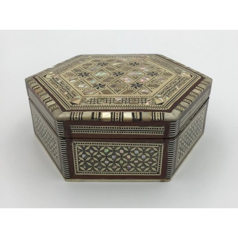 Vintage Marquetry Inlay Jewelry Box Mother of Pearl Wood Mosaic Star 6in - Picture 8 of 10
